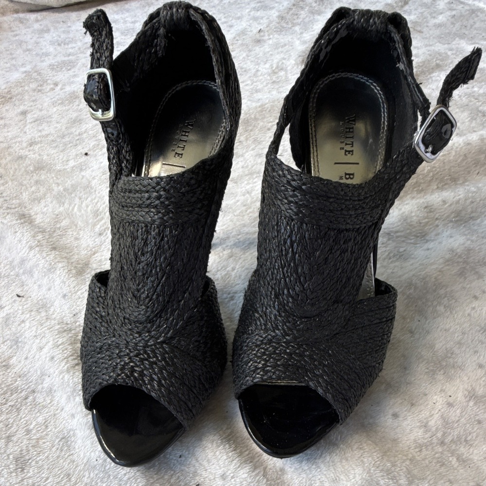 White House Black Market Black Linen Blend Strappy Stiletto Open Toe Heels 6.5M